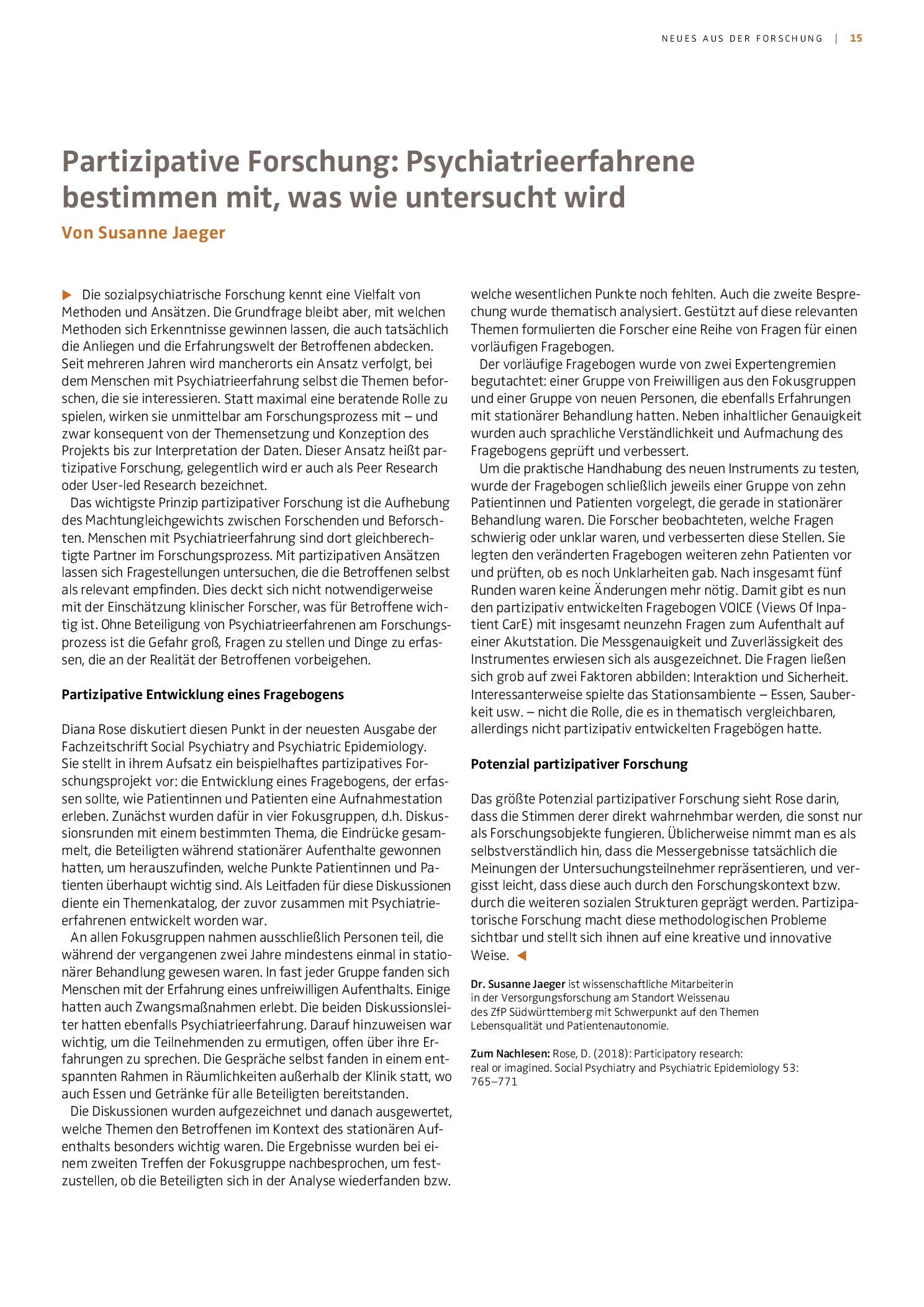 Vorschauseite 1: Partizipative Forschung: Psychiatrieerfahrene bestimmen mit, was wie untersucht wird