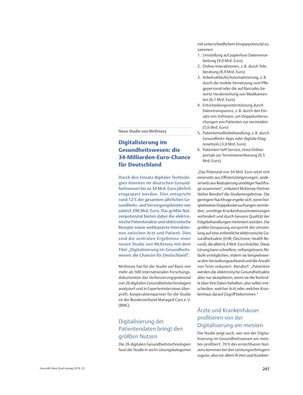 Vorschauseite 1: Neue Studie von McKinsey – Digitalisierung im Gesundheitswesen: die 34-Milliarden-Euro-Chance für Deutschland