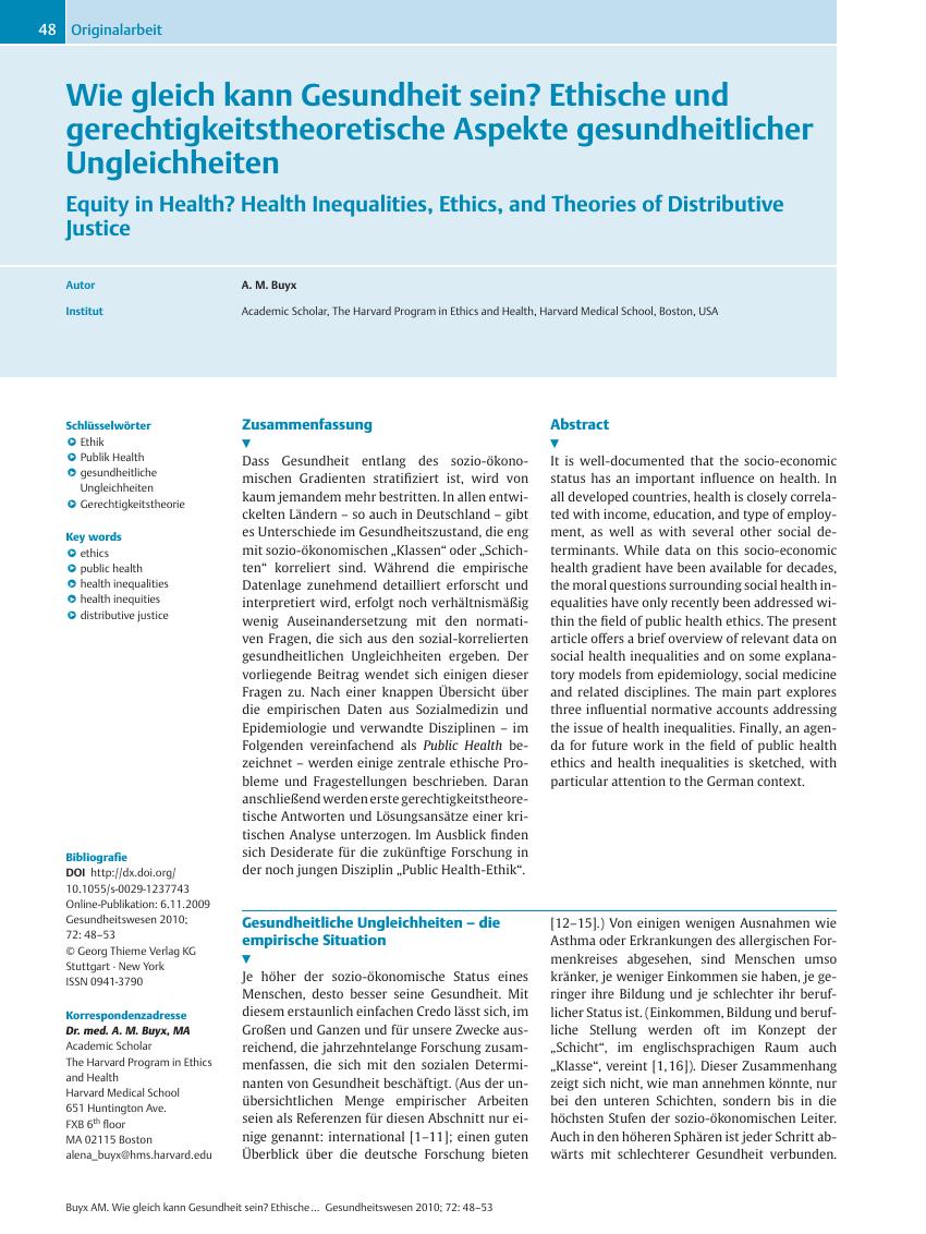 Vorschauseite 1: Wie gleich kann Gesundheit sein? Ethische und gerechtigkeitstheoretische Aspekte gesundheitlicher Ungleichheiten