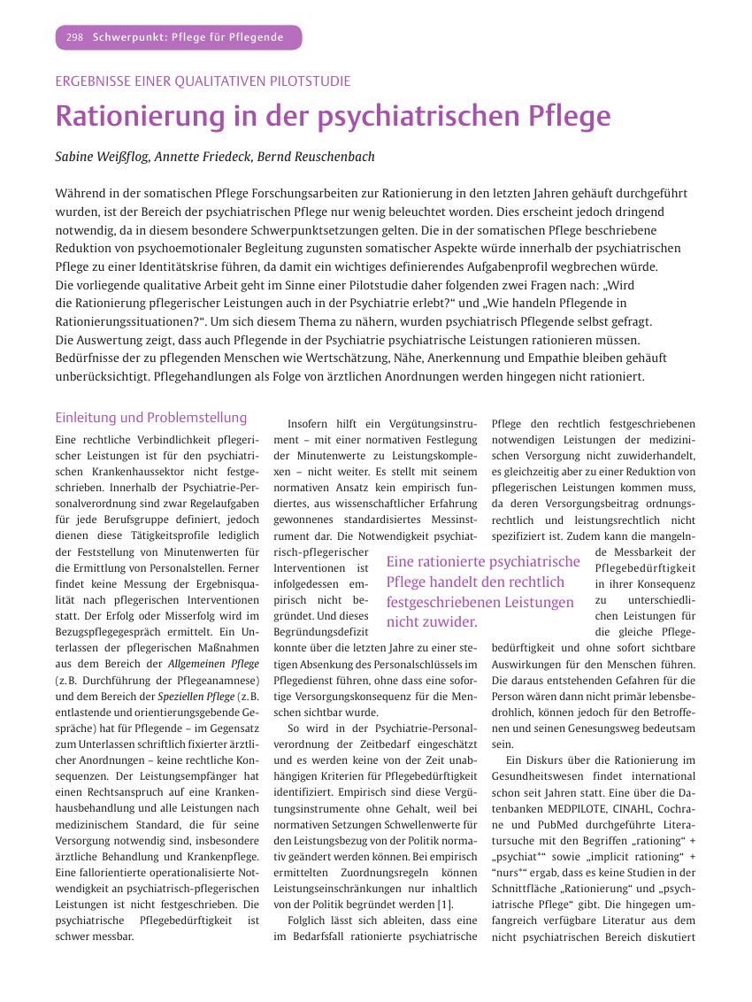 Vorschauseite 1: Rationierung in der psychiatrischen Pflege