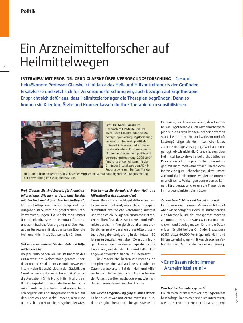 Vorschauseite 1: Interview mit Prof. Dr. Gerd Glaeske über Versorgungsforschung? Ein Arzneimittelforscher auf Heilmittelwegen