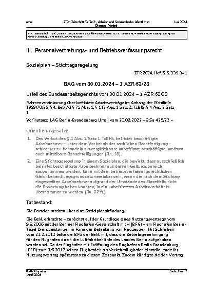 Vorschauseite 1: II. Personalvertretungsund Betriebsverfassungsrecht Sozialplan – Stichtagsregelung