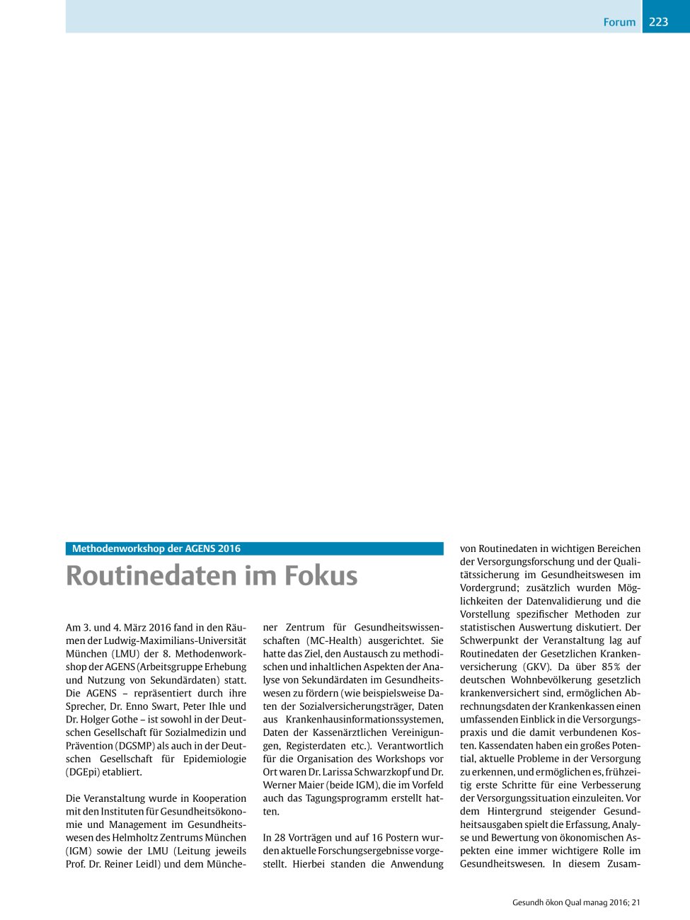 Vorschauseite 1: Methodenworkshop der AGENS 2016 – Routinedaten im Fokus