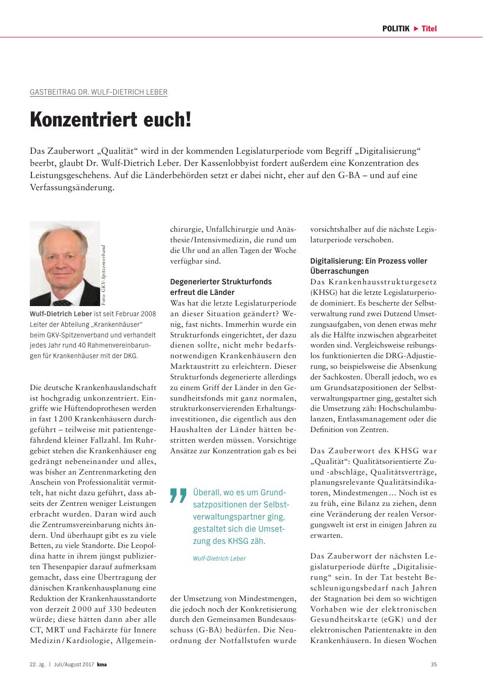 Vorschauseite 1: Gastbeitrag Dr. Wulf-Dietrich Leber: Konzentriert euch!