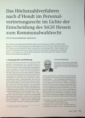 Vorschauseite 1: Das Höchstzahlverfahren nach d’Hondt im Personalvertretungsrecht im Lichte der Entscheidung des StGH Hessen zum Kommunalwahlrecht