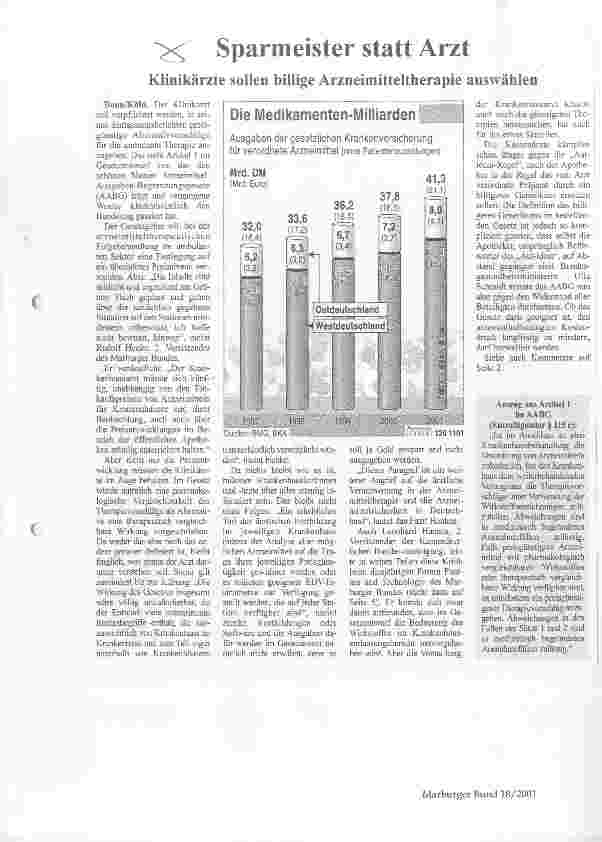 Vorschauseite 1: Sparmeister statt Arzt Klinikärzte sollen bilige Arzneimitteltherapie auswählen