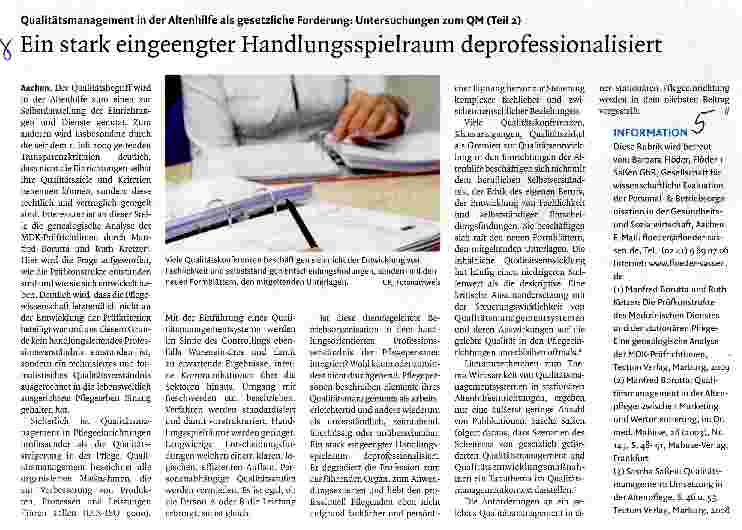 Vorschauseite 1: Ein stark eingeengter Handlungsspielraum deprofessionalisiert Qualitätsmanagement in der Altenhilfe als gesetzliche Forderung: Untersuchungen zum QM (Teil 2)