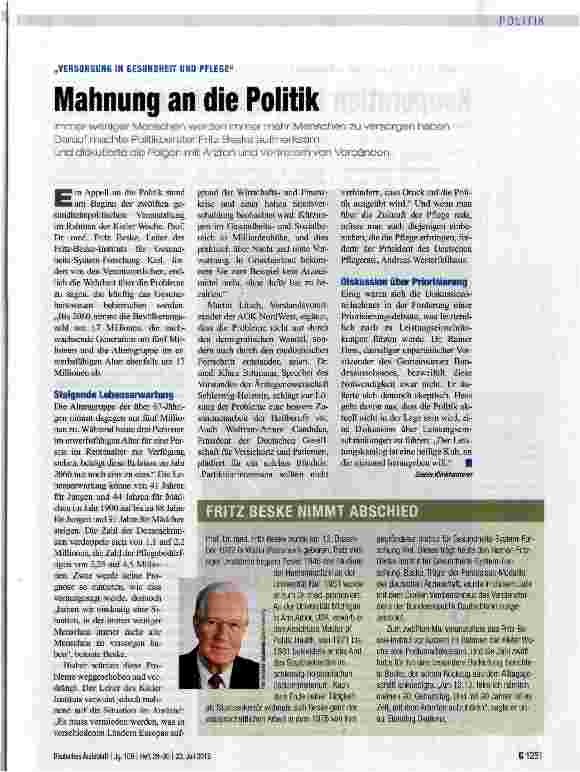 Vorschauseite 1: Mahnung an die Politik