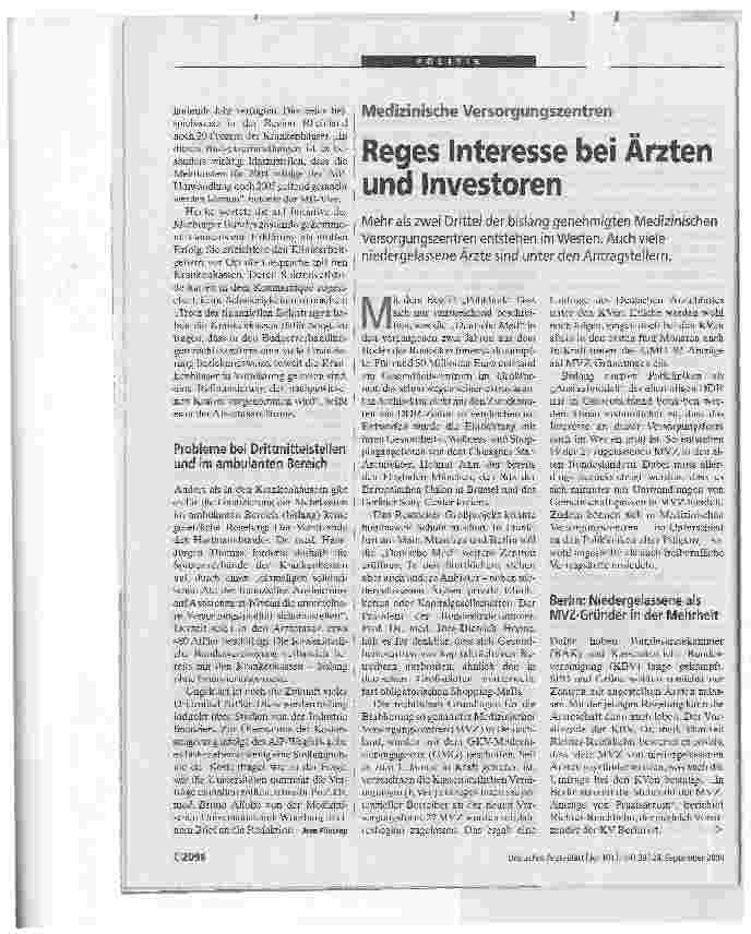 Vorschauseite 1: Reges Interesse bei Ärzten und InvestorenMedizinische Versorgungszentren