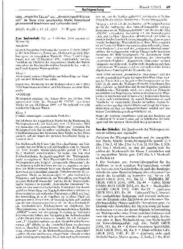Vorschauseite 2: Zur Kennzeichnungskraft einer Marke, die sich aus beschreibenden Bestandfeilen zusammensetzt (ATODERM/Amoderm) MarkenG H 9 Nr. 9, 42 II Nr. 1