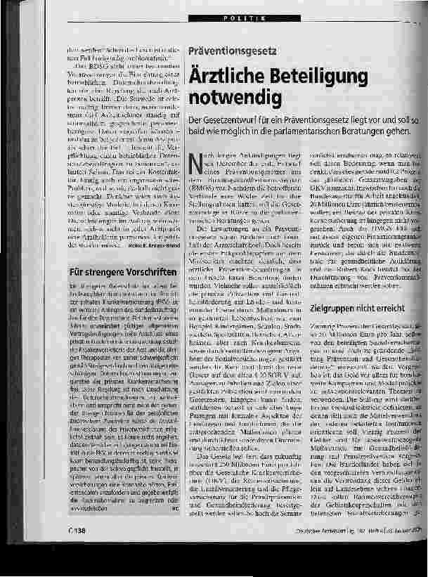 Vorschauseite 1: Präventionsgesetz - Ärztliche Beteiligung notwendig