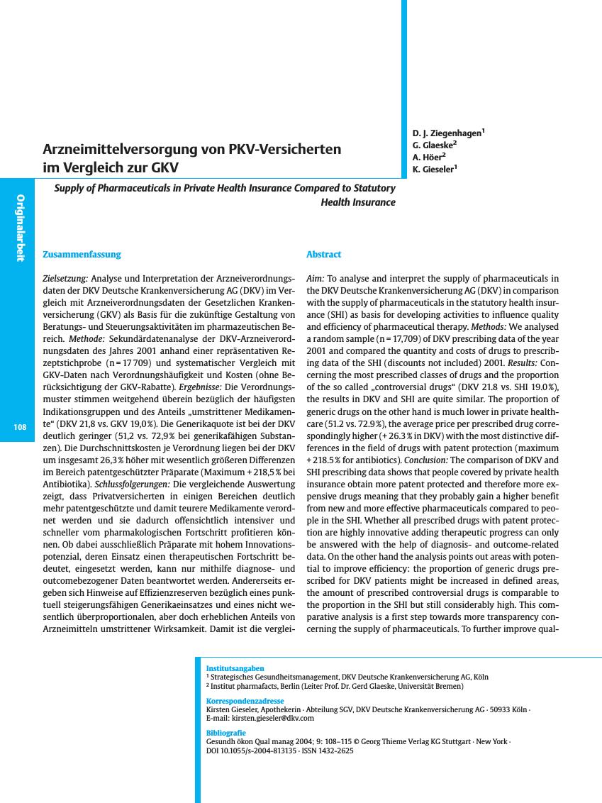 Vorschauseite 1: Arzneimittelversorgung von PKV-Versicherten im Vergleich zur GKV