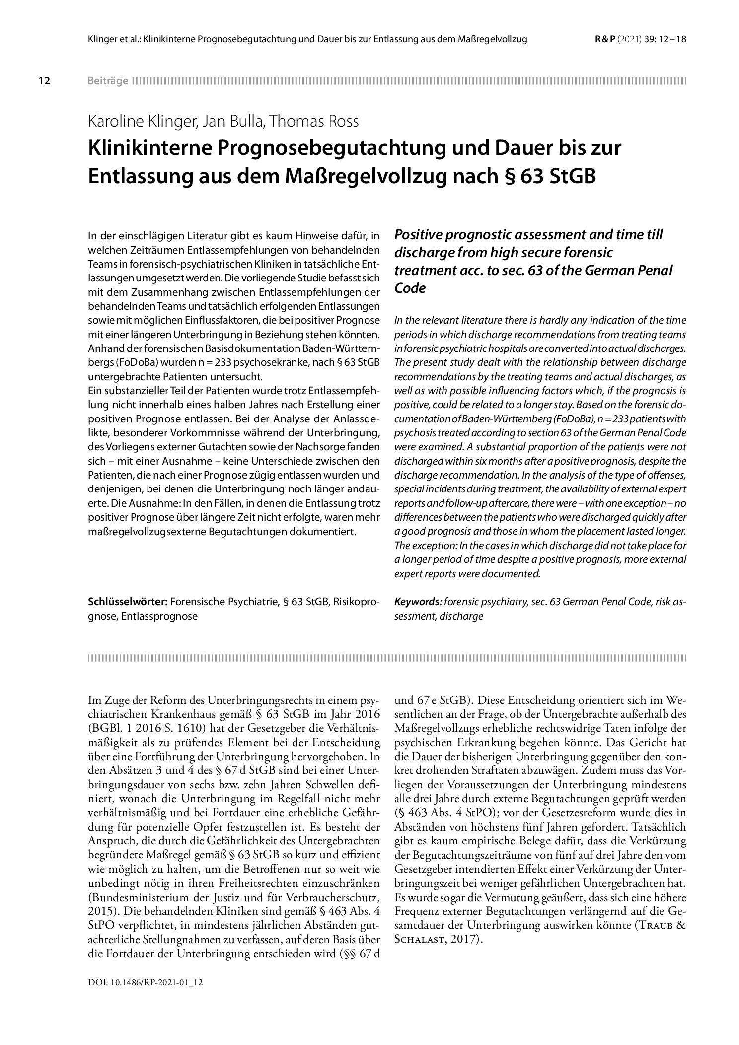 Vorschauseite 1: Klinikinterne Prognosebegutachtung und Dauer bis zur Entlassung aus dem Maßregelvollzug nach § 63 StGB