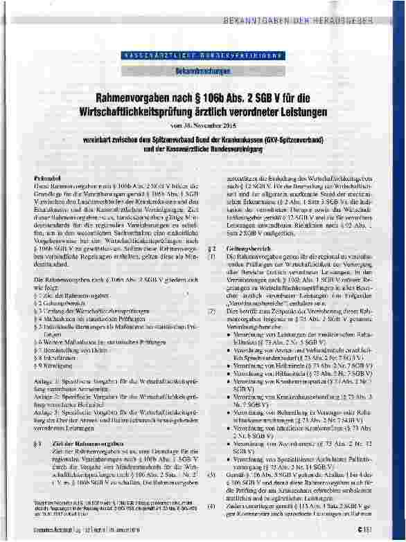 Vorschauseite 1: Rahmenvorgaben nach § 106b Abs. 2 SGB V für die Wirtschaftlichkeitsprüfung ärztlich verordneter Leistungen