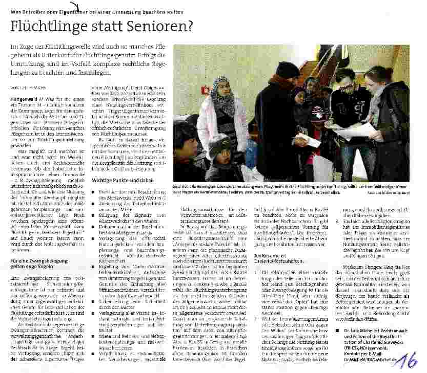Vorschauseite 1: Flüchtlinge statt Senioren?