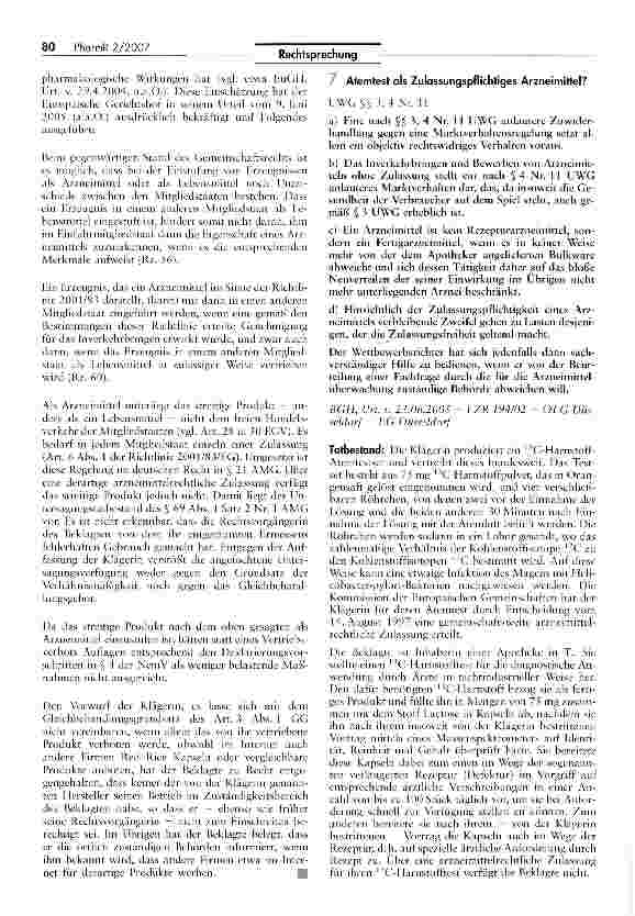 Vorschauseite 1: Atemtest als Zulassungspflichtiges Arzneimittel? UWG SS 3, 4 Nr. 11