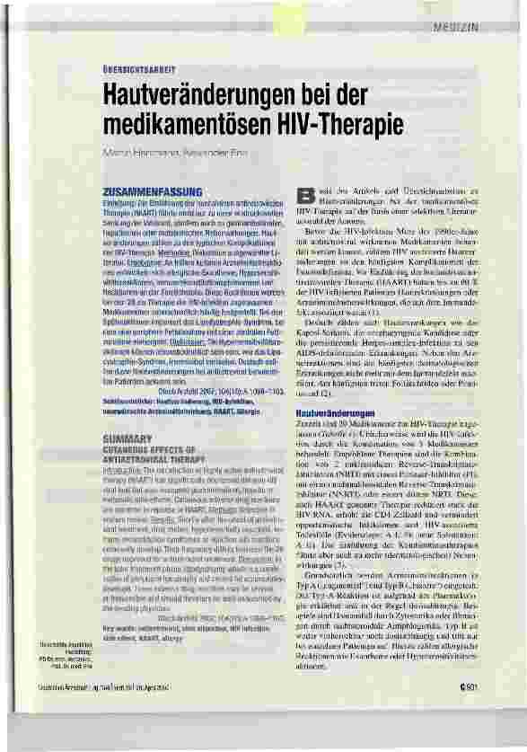 Vorschauseite 1: Hautveränderungen bei der medikamentösen HIV-Therapie