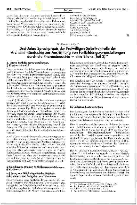 Vorschauseite 1: Drei Jahre Spruchpraxis der Freiwilligen Selbstkontrolle der Arzneimittelindustrie zur Ausrichtung von Fortbildungsveranstaltungen durch die Pharmaindustrie - eine Bilanz (Teil 2)