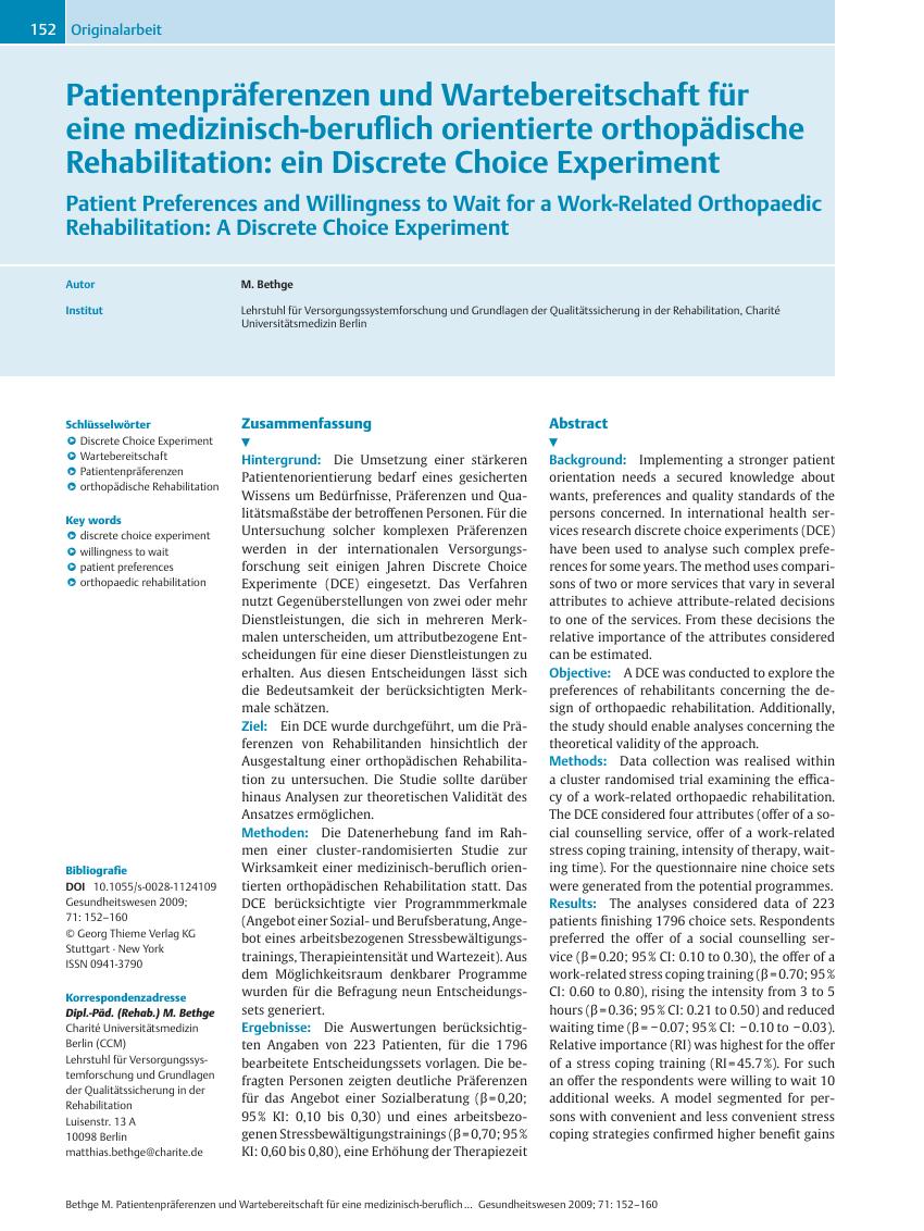Vorschauseite 1: Patientenpräferenzen und Wartebereitschaft für eine medizinisch-beruflich orientierte orthopädische Rehabilitation: ein Discrete Choice Experiment