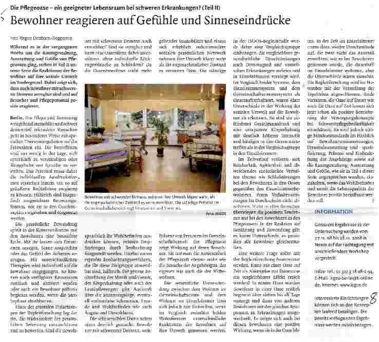 Vorschauseite 1: Die Pflegeoase - ein geeigneter Lebensraum bei schweren Erkrankungen? (Teil II)Bewohner reagieren auf Gefühle und Sinneseindrücke