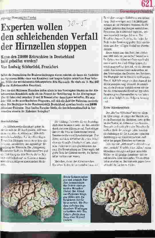 Vorschauseite 1: Experten wollen den schleichenden Verfall der Hirnzellen stoppen Kann den 250.000 Erkrankten in der BRD bald geholfen werden?