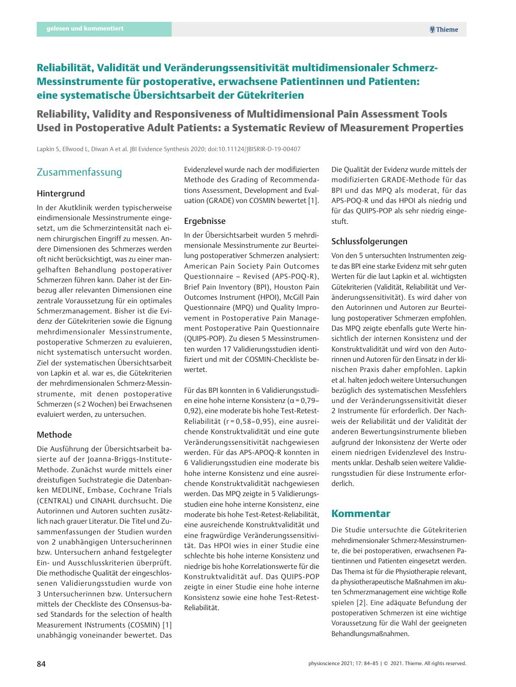 Vorschauseite 1: Reliabilität, Validität und Veränderungssensitivität multidimensionaler Schmerz-Messinstrumente für postoperative, erwachsene Patientinnen und Patienten: eine systematische Übersi…