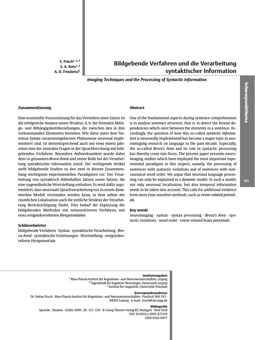 Vorschauseite 1: Bildgebende Verfahren und die Verarbeitung syntaktischer Information