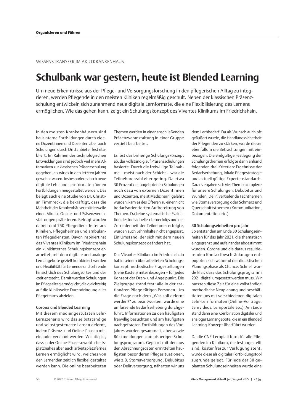 Vorschauseite 1: Wissenstransfer im Akutkrankenhaus: Schulbank war gestern, heute ist Blended Learning