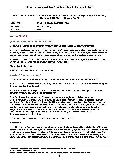 Vorschauseite 1: Zur Anhörung Schlagworte: Erfordernis der erneuten Anhörung nach Einholung eines Ergänzungsgutachtens