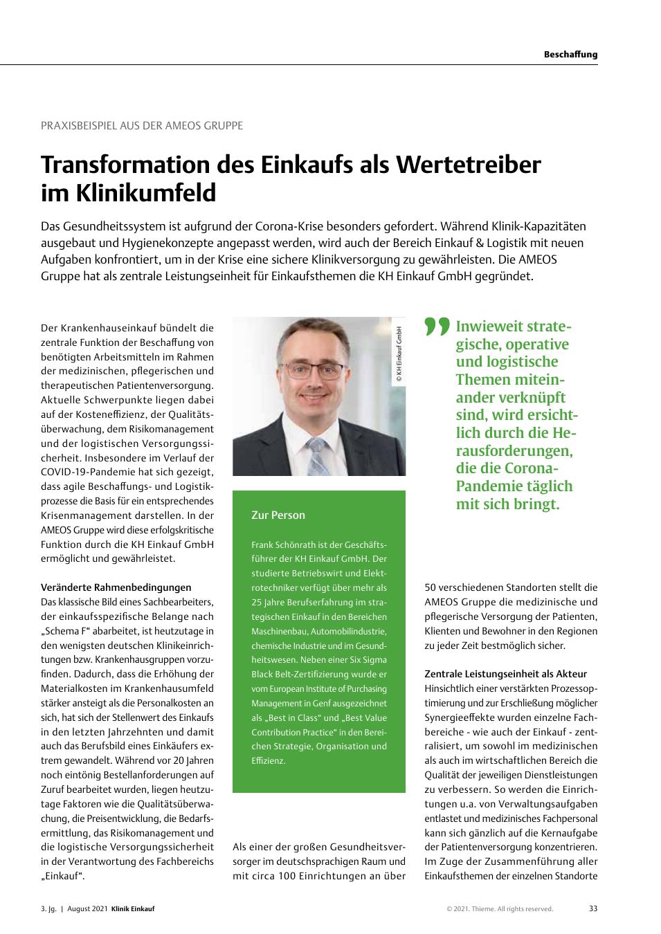 Vorschauseite 1: Praxisbeispiel aus der AMEOS Gruppe: Transformation des Einkaufs als Wertetreiber im Klinikumfeld