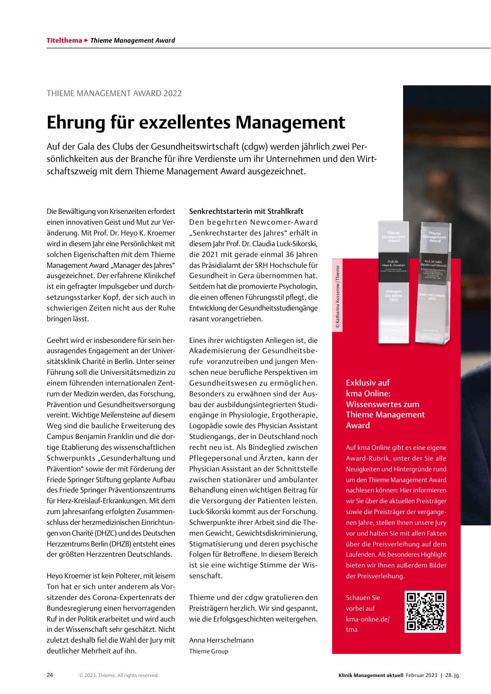 Vorschauseite 1: Thieme Management Award 2022: Ehrung für exzellentes Management