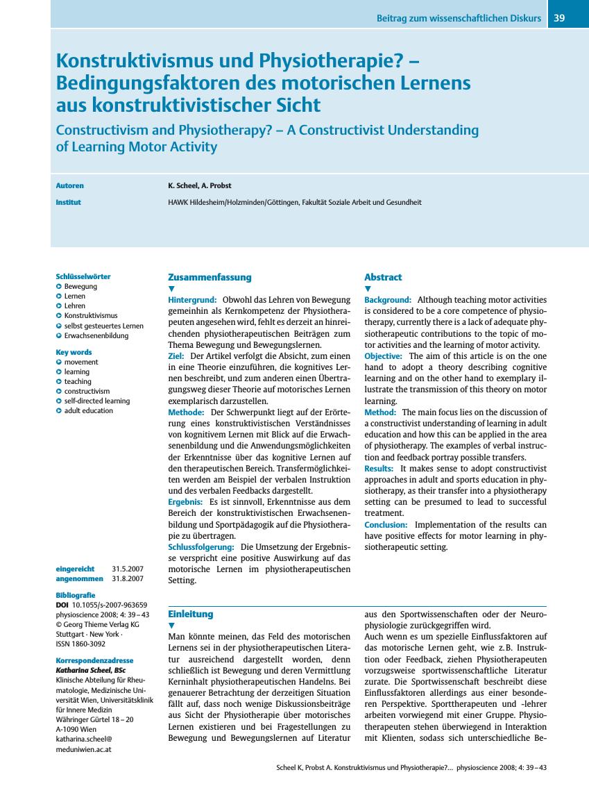 Vorschauseite 1: Konstruktivismus und Physiotherapie? - Bedingungsfaktoren des motorischen Lernens aus konstruktivistischer Sicht