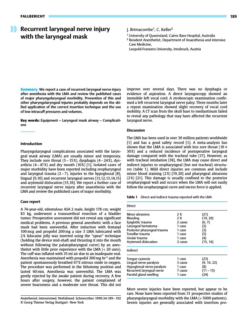 Vorschauseite 1: Recurrent laryngeal nerve injury with the laryngeal mask