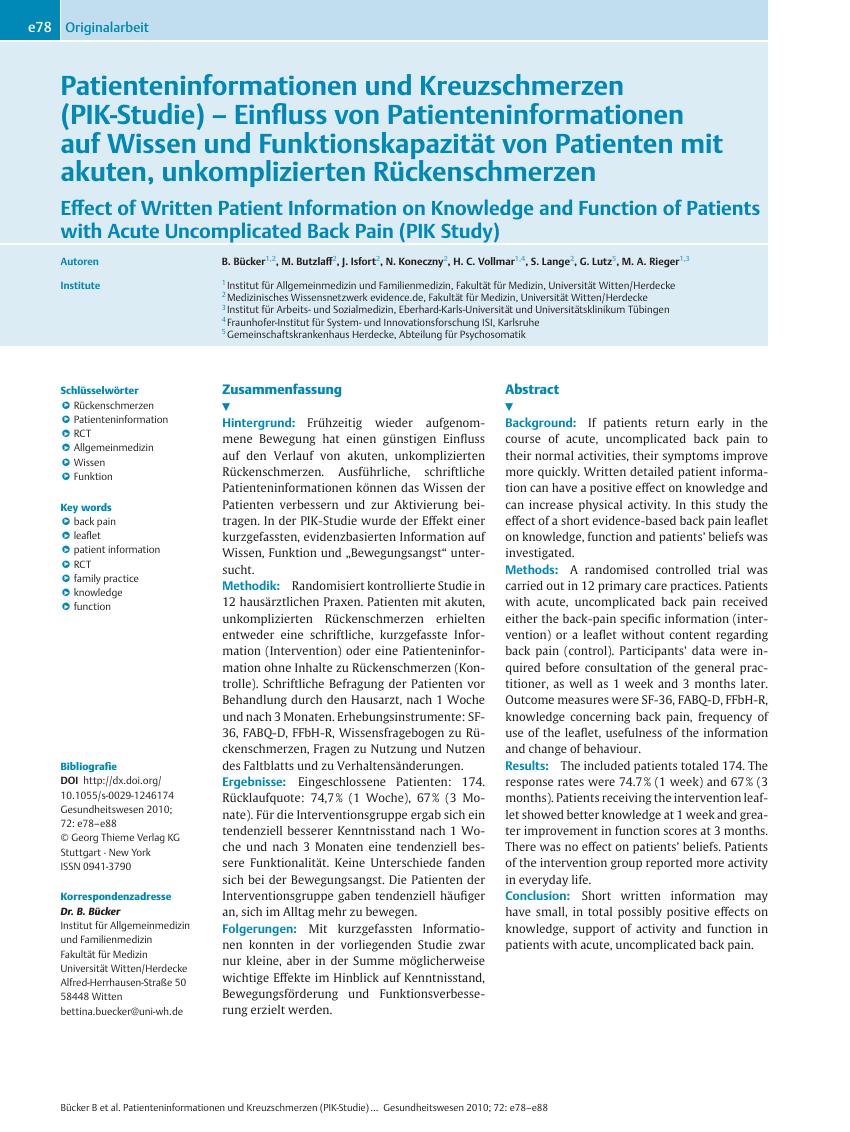 Vorschauseite 1: Patienteninformationen und Kreuzschmerzen (PIK-Studie) – Einfluss von Patienteninformationen auf Wissen und Funktionskapazität von Patienten mit akuten, unkomplizierten Rückenschm…