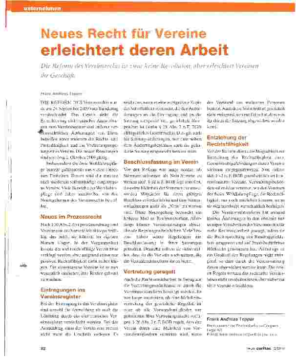 Vorschauseite 1: Neues Recht für Vereine erleichtert deren Arbeit
