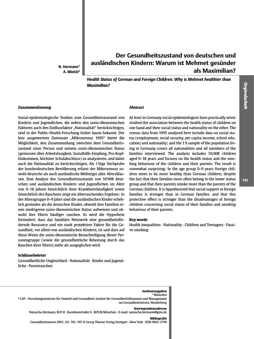 Vorschauseite 1: Der Gesundheitszustand von deutschen und ausländischen Kindern: Warum ist Mehmet gesünder als Maximilian?
