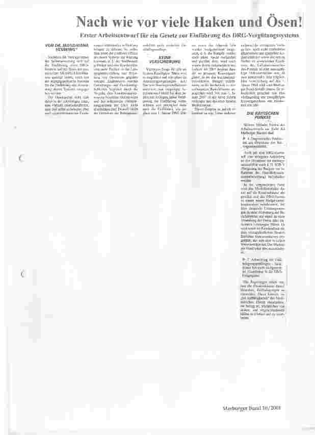 Vorschauseite 1: Nach wie vor viele Haken und Ösen! Erster Arbeitsentwurf für ein Gesetz zur Einführung des DRG-Vergütungssystems