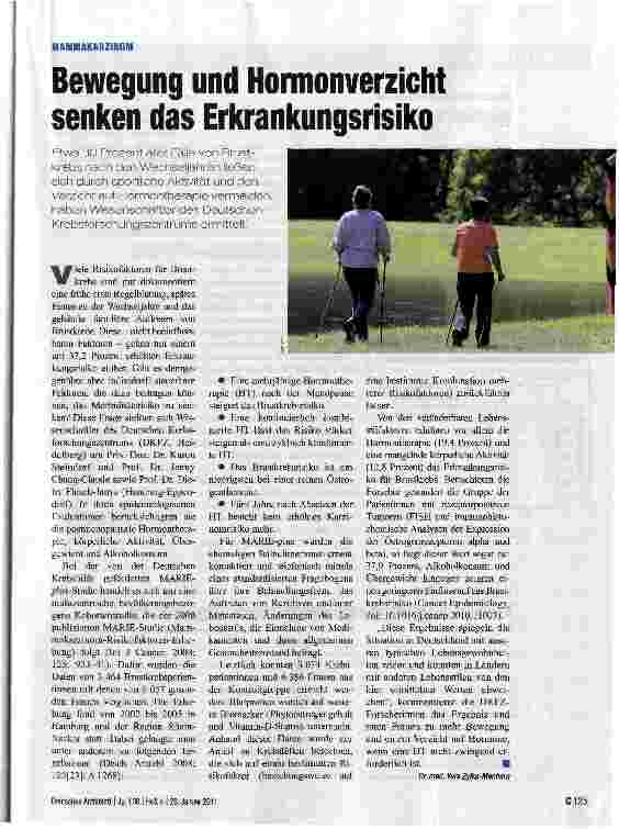 Vorschauseite 1: MAMMAKARZINOMBewegung und Hormonverzicht senken das Erkrankungsrisiko