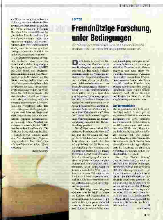 Vorschauseite 1: SCHWEIZFremdnützige Forschung, unter Bedingungen