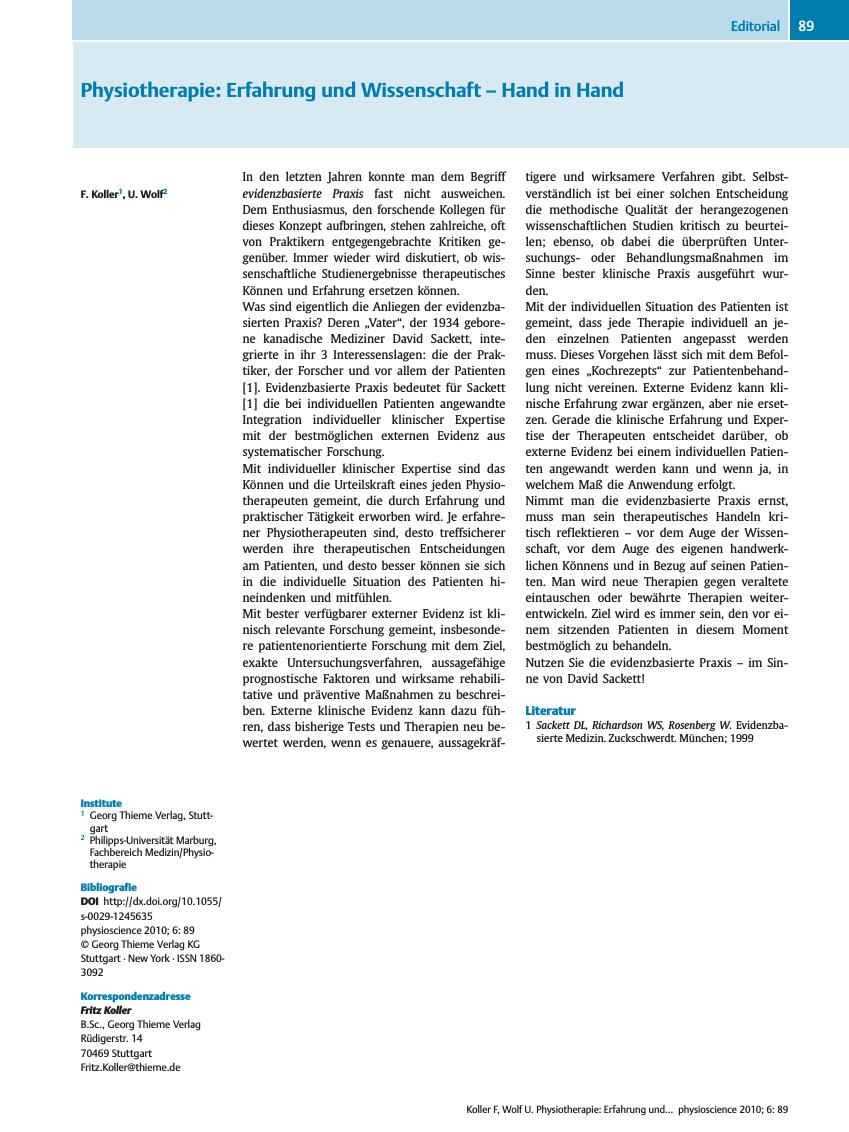 Vorschauseite 1: Physiotherapie: Erfahrung und Wissenschaft – Hand in Hand