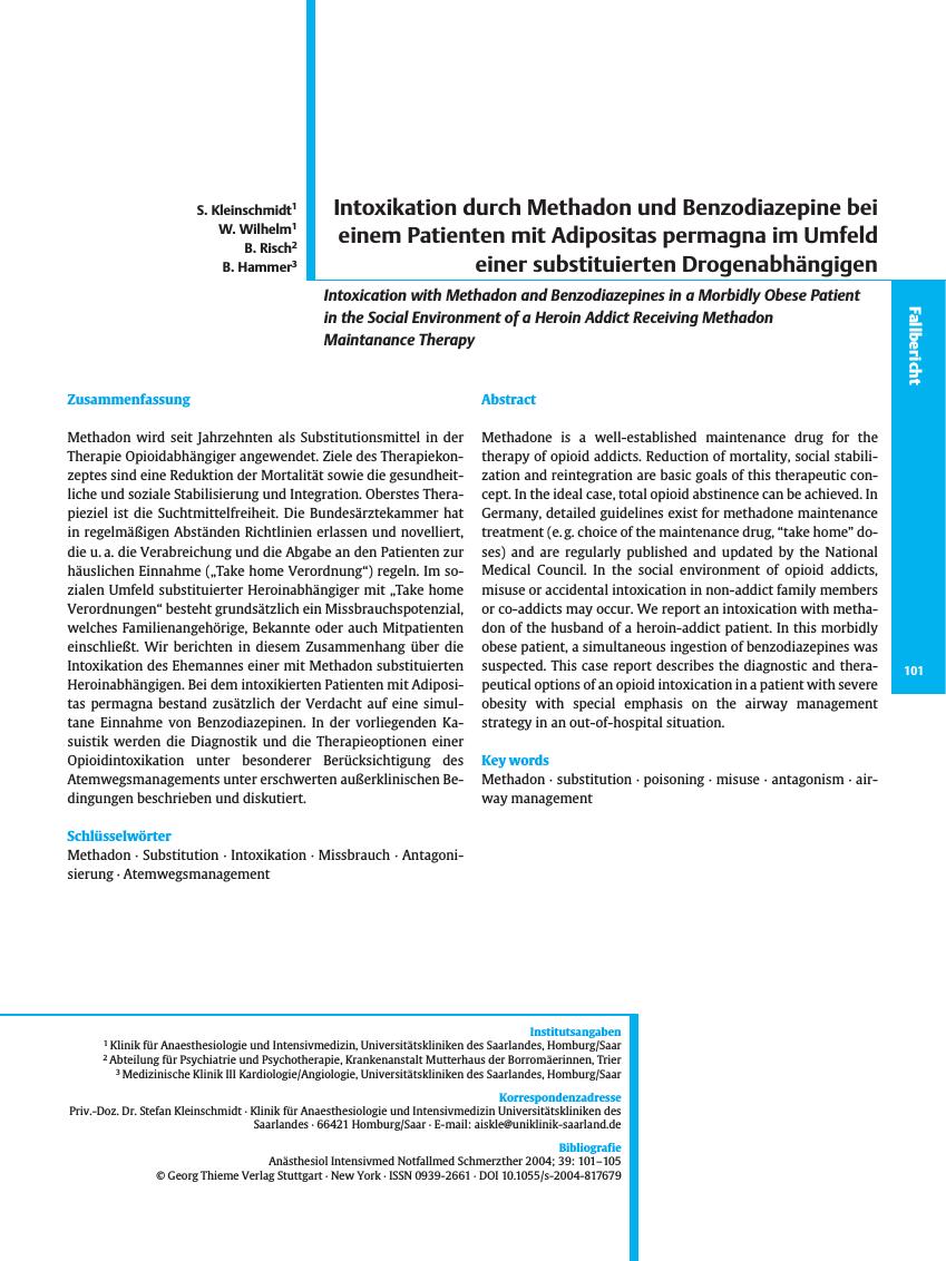 Vorschauseite 1: Intoxikation durch Methadon und Benzodiazepine bei einem Patienten mit Adipositas permagna im Umfeld einer substituierten Drogenabhängigen