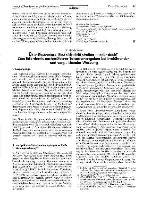 Vorschauseite 1: Über Geschmack lässt sich nicht streiten - oder doch? Zum Erfordernis nachprüfbarer Tatsachenangaben bei irreführender und vergleichender Werbung