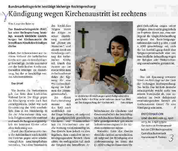 Vorschauseite 1: Kündigung wegen Kirchenaustritt ist rechtens