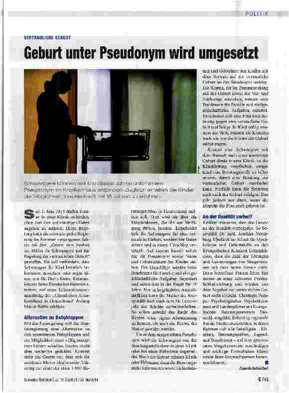 Vorschauseite 1: Geburt unter Pseudonym wird umgesetzt
