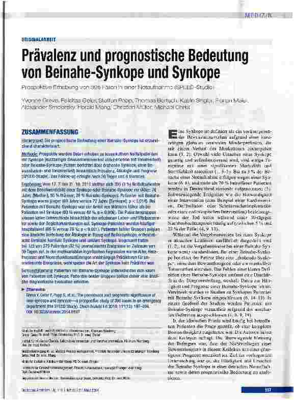 Vorschauseite 1: Prävalenz und prognostische Bedeutung von Beinahe-Synkope und Synkope
