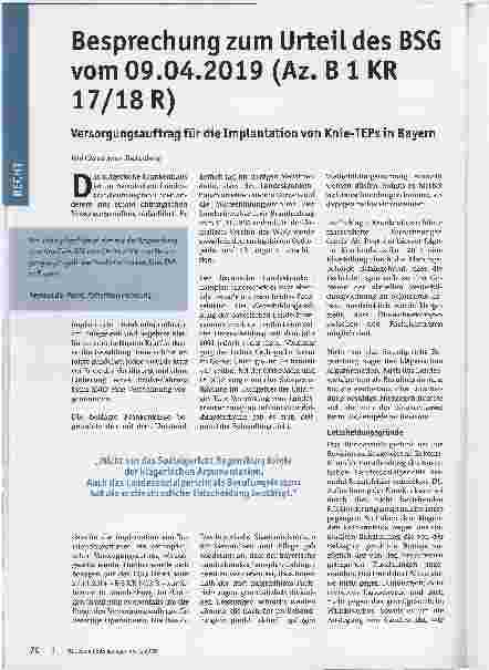 Vorschauseite 1: Besprechung zum Urteil des BSG vom 09.04.2019 (Az. B 1 KR 17/18 R). Versorgungsauftrag für die Implantation von Knie-TEPs in Bayern.