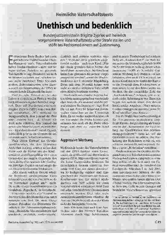 Vorschauseite 1: Unethisch und bedenklichHeimliche Vaterschaftstests
