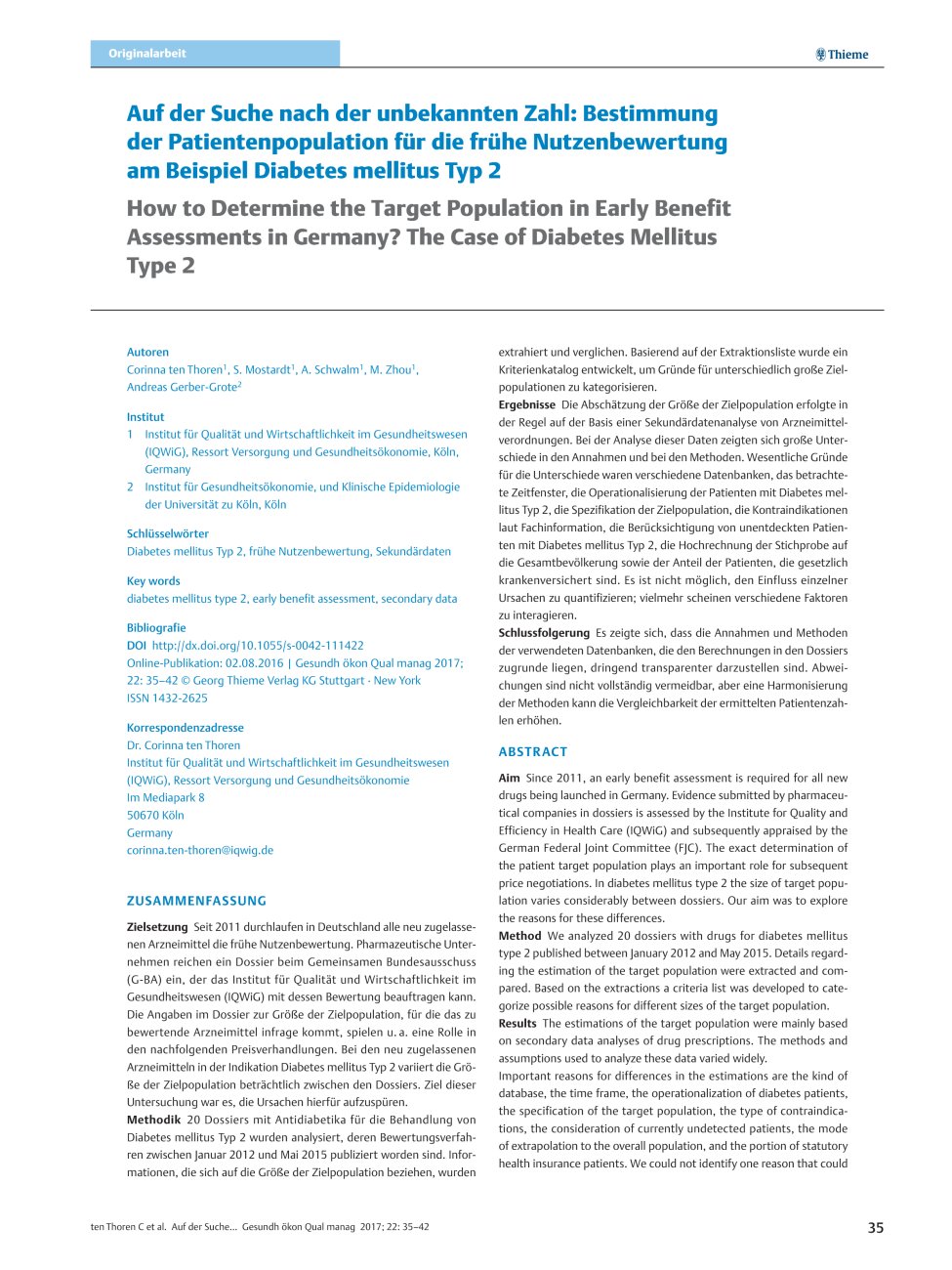 Vorschauseite 1: Auf der Suche nach der unbekannten Zahl: Bestimmung der Patientenpopulation für die frühe Nutzenbewertung am Beispiel Diabetes mellitus Typ 2