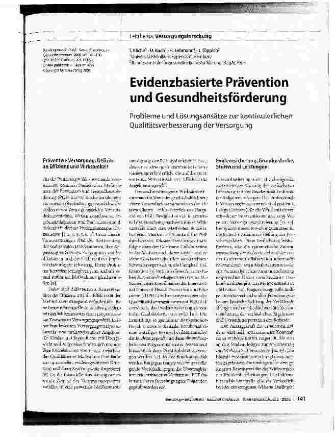 Vorschauseite 1: Evidenzbasierte Prävention und GesundheitsförderungProbleme und Lösungsansätze zur kontinuierlichen Qualitätsverbesserung der Versorgung