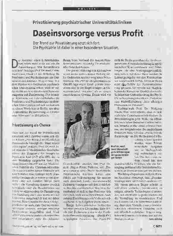Vorschauseite 1: Privatisierung psychiatrischer UniversitätsklinikenDaseinsvorsorge versus Profit